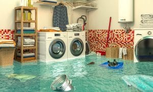 3d render image of an interior of a flooded laundry